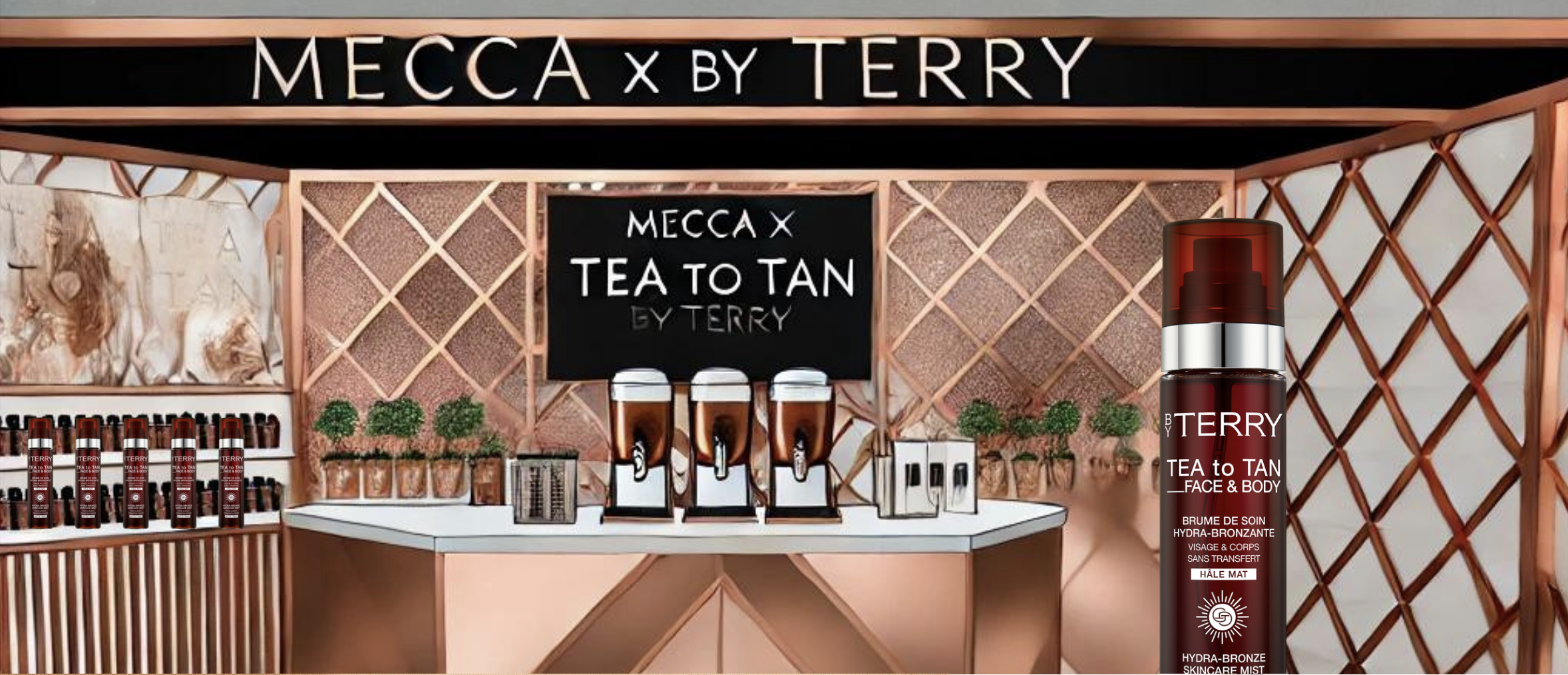 Concept render of a Mecca x By Terry pop-up tea bar activation