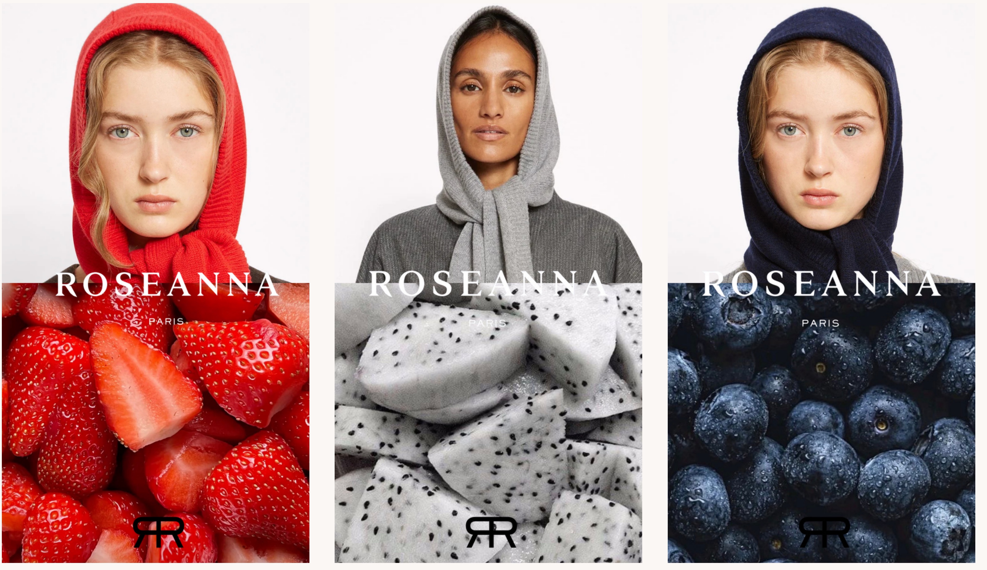 Roseanna Paris paid ad triptych styled with strawberries, dragon fruit and blueberries