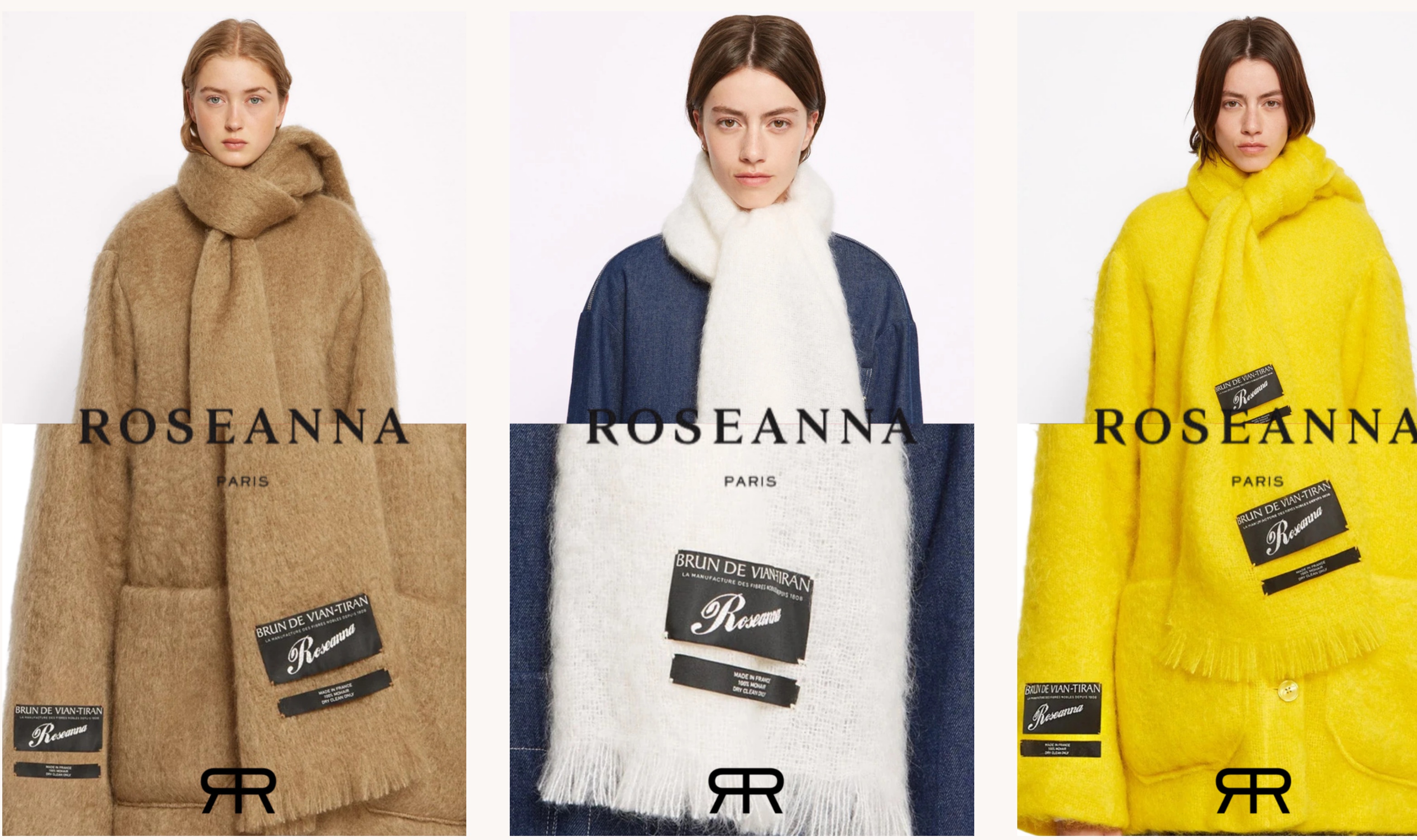 Roseanna Paris mohair scarf paid ad triptych in camel, white and yellow